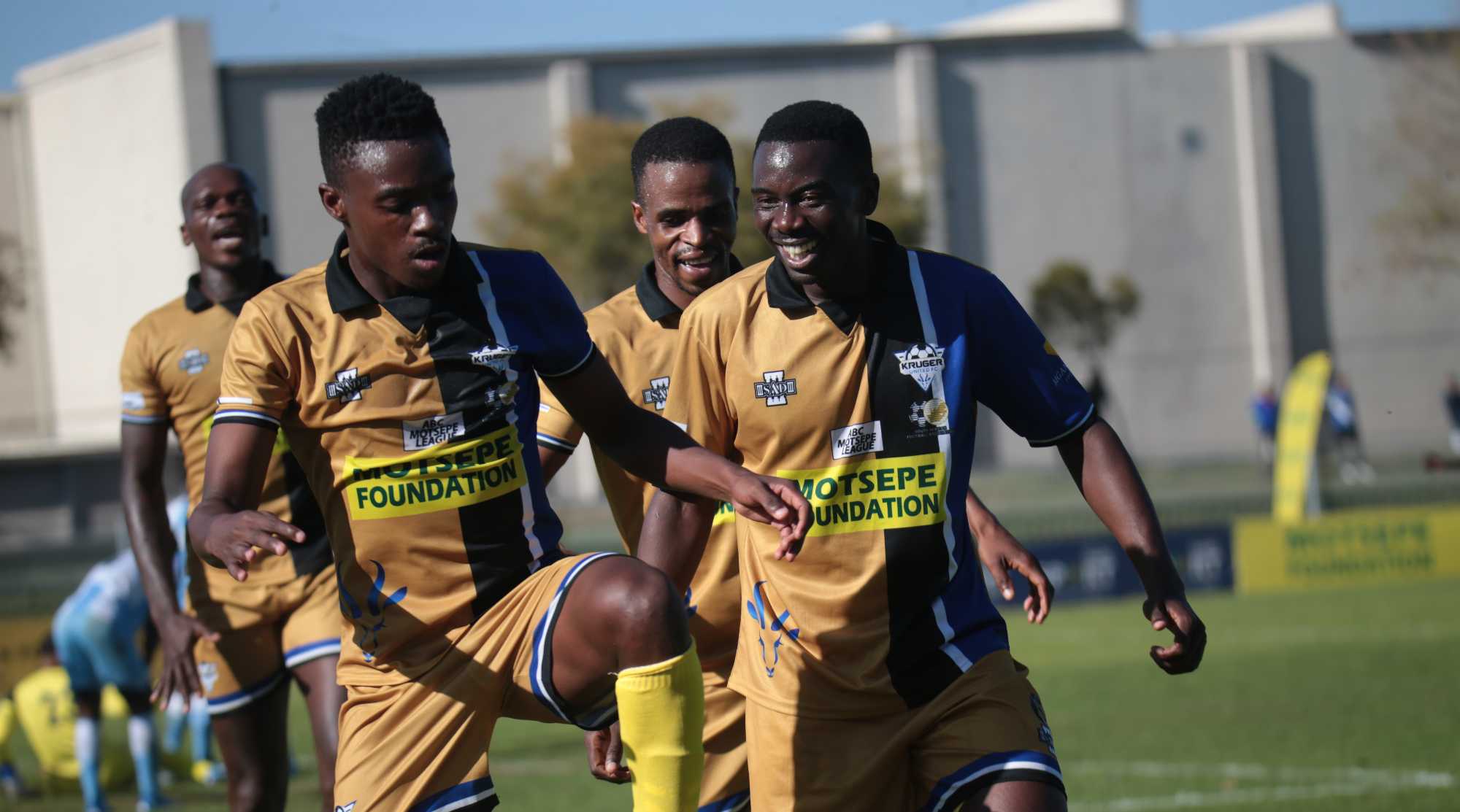 Kruger United players celebrate during a SAFA ABC Motsepe League National Playoffs match in Upington 