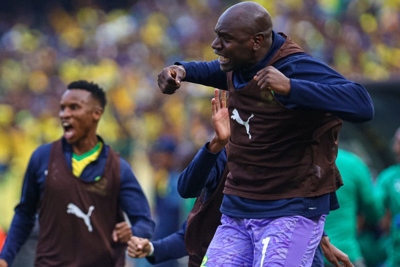Mamelodi Sundowns goalkeeper Denis Onyango and Themba Zwane celebrate a goal scored
