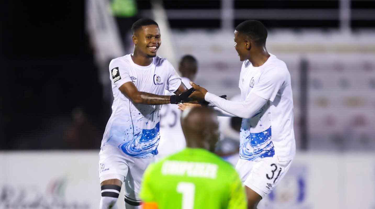 Orbit College FC players celebrate a goal against Magesi FC at Seshego Stadium 