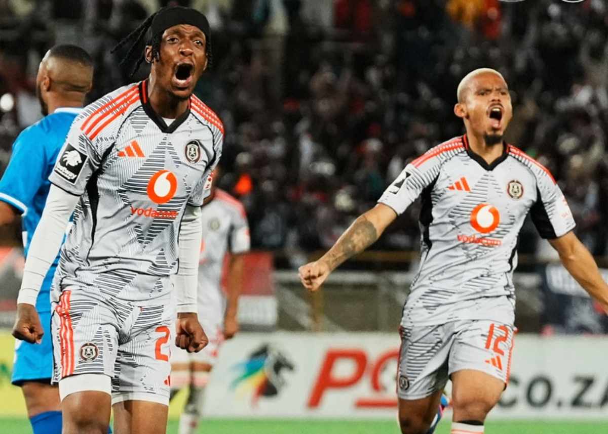Orlando Pirates players Patrick Maswanganyi and Oswin Appollis celebrate a goal against Magesi FC in the Betway Premiership. Image: Orlando Pirates media