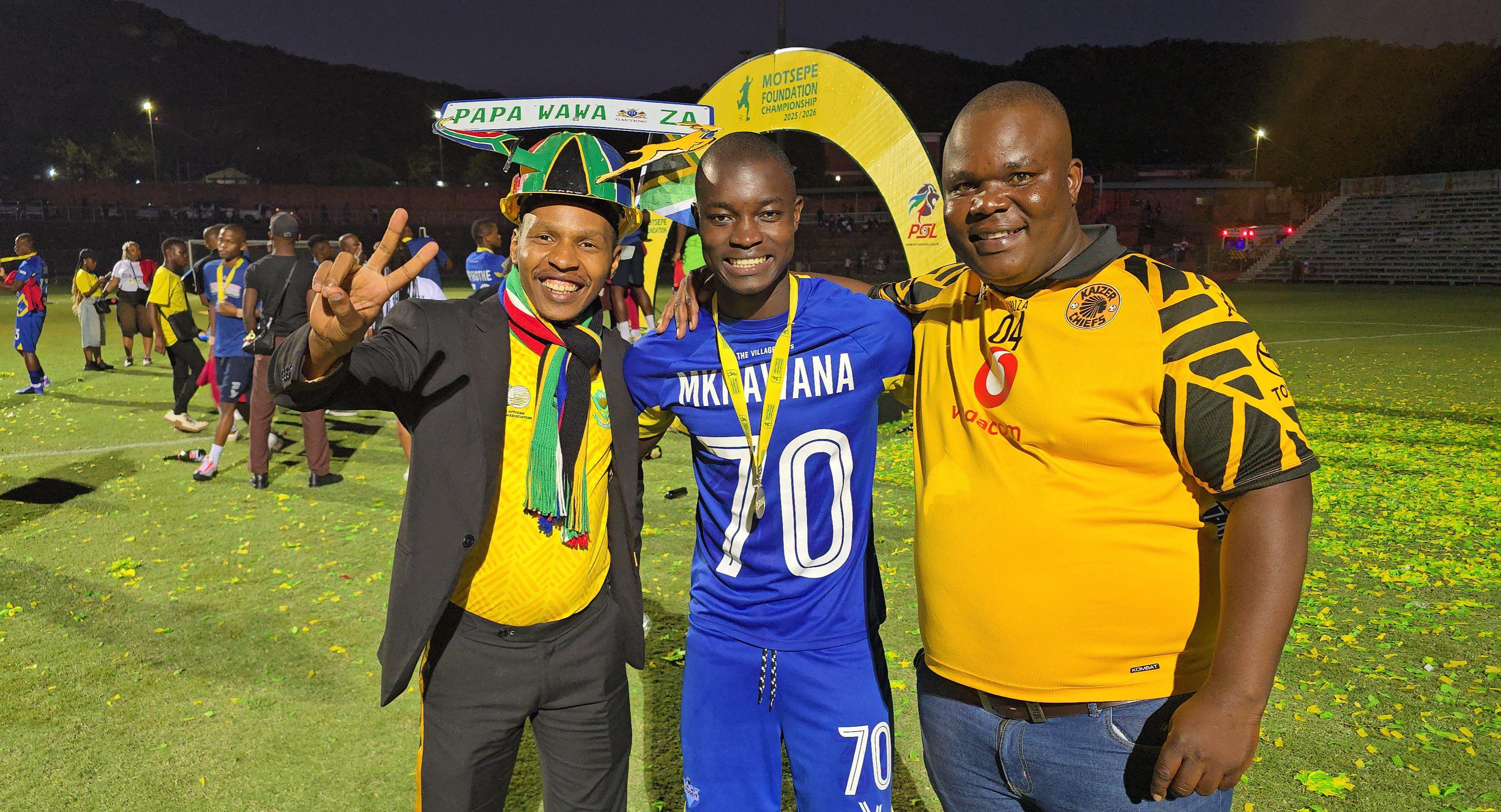 Vicky Mkhawana with Papa Wawa and another Kaizer Chiefs fan during Kruger United celebrations 