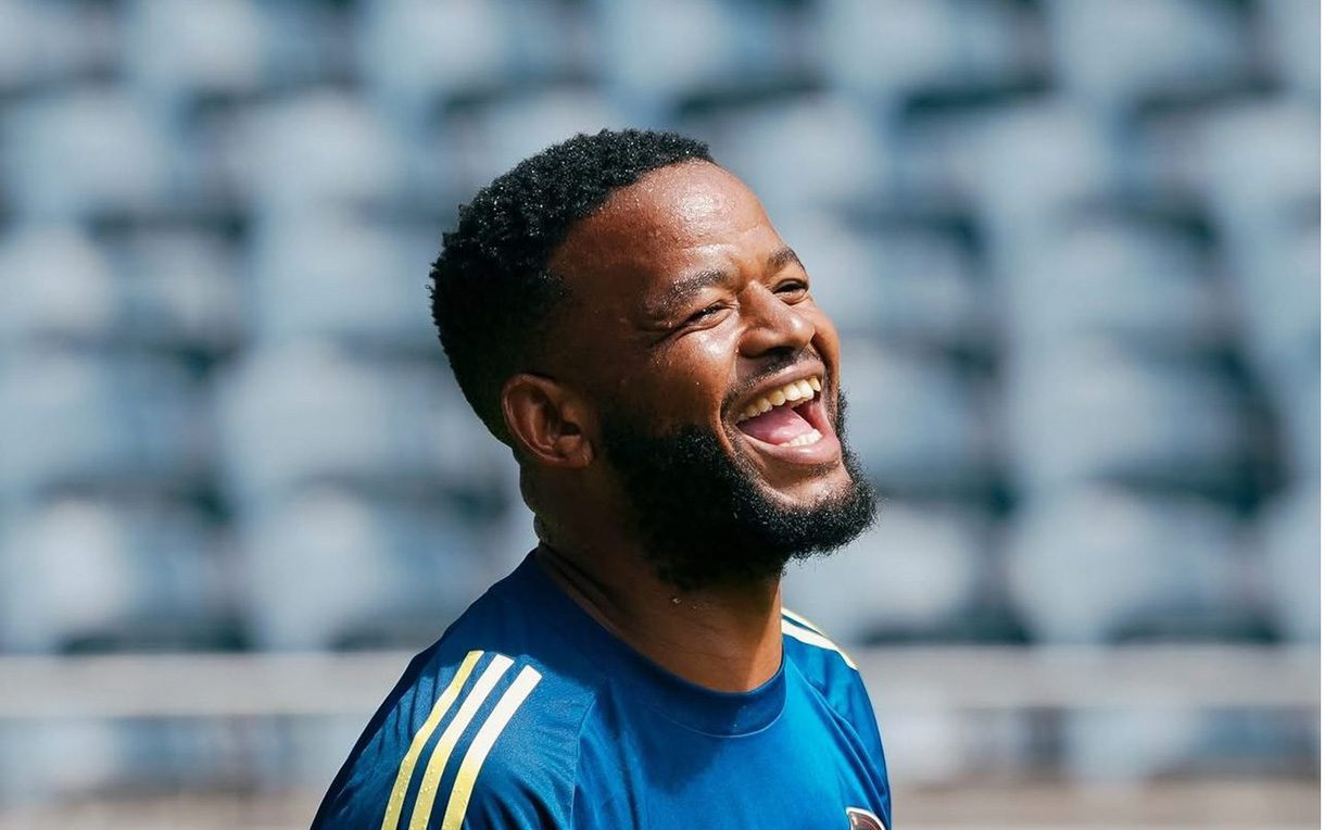 Sipho Mbule laughing during training